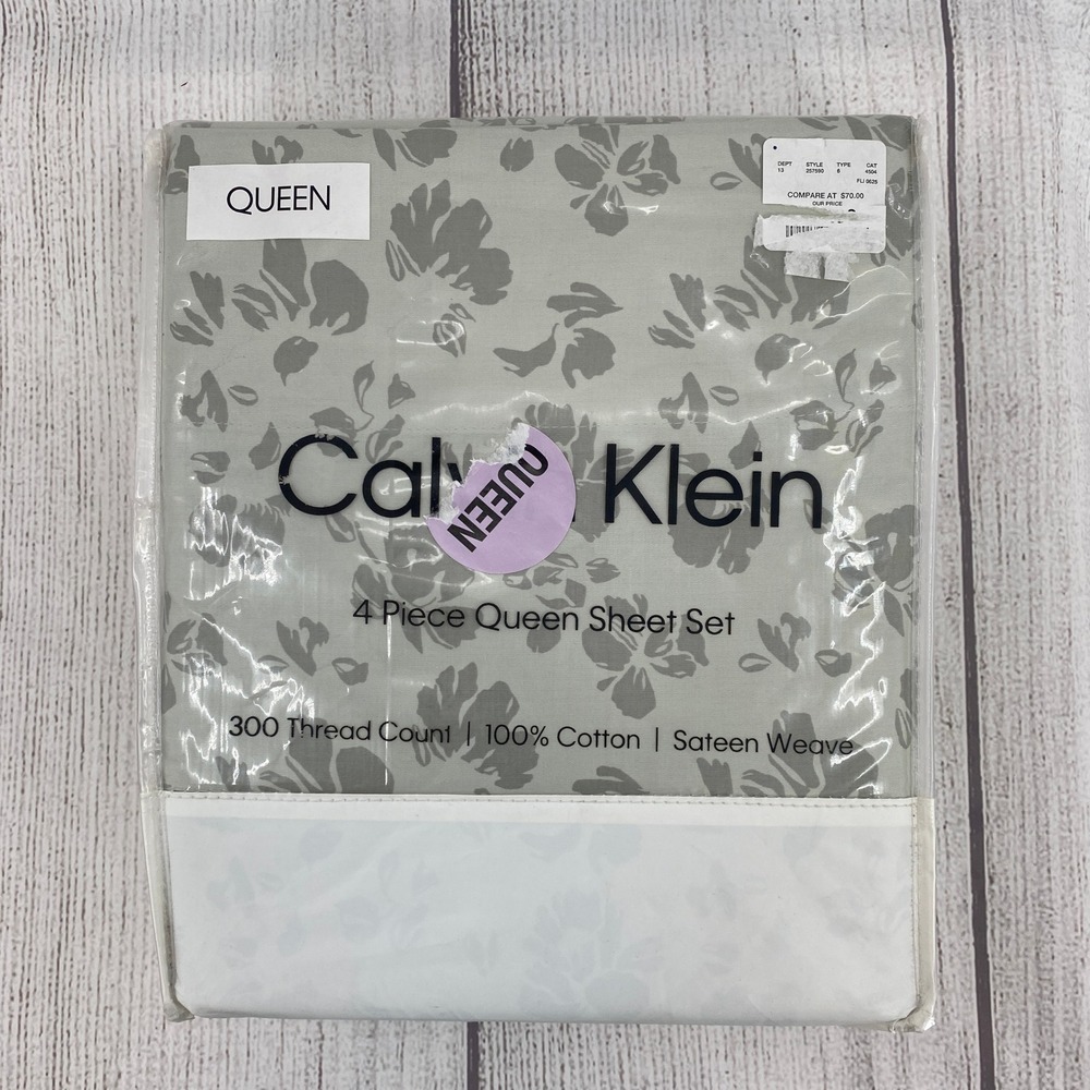 Calvin Klein Sheet Set Queen Shadow Peony Green 300TC Cotton Sateen Floral 4pc